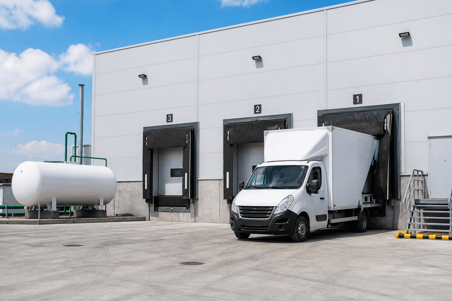 A commercial warehouse with on-site natural gas storage